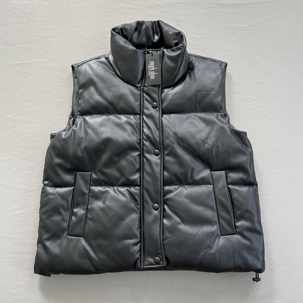 Mark Alan Faux Leather Vest Women LARGE Black Lined Moto Sleeveless Jacket NEW